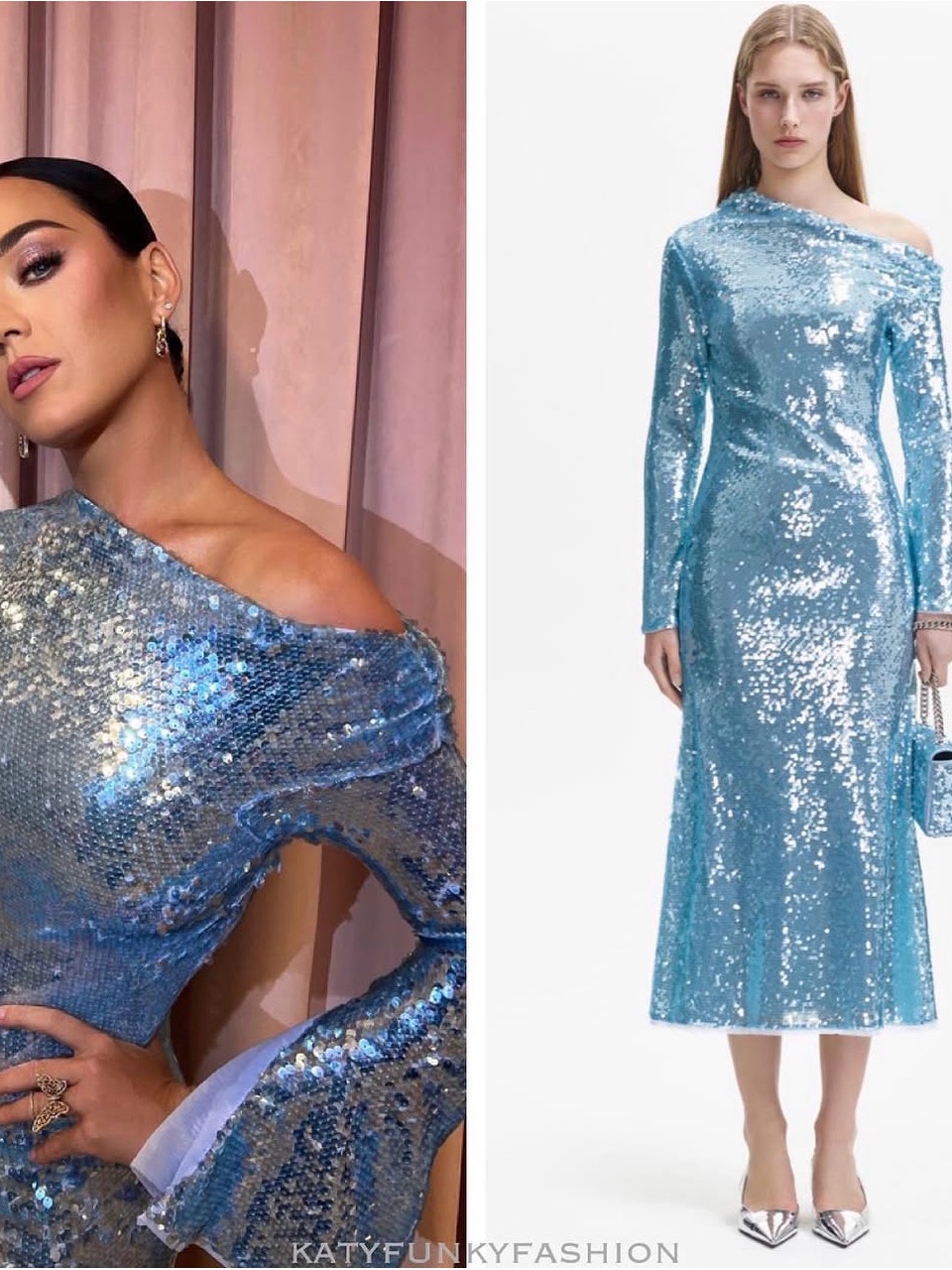 Self-Portrait Metallic Sky Blue One-Shoulder Sequin Midi Dress